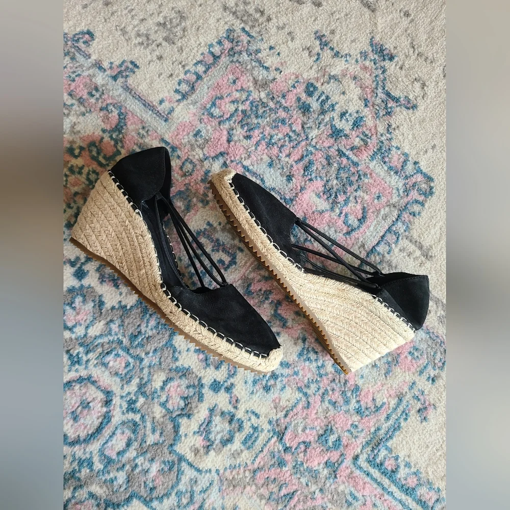 Eileen Fisher Yasmin Espadrille Wedge Shoes Women's 9 Black‎ Leather Strappy